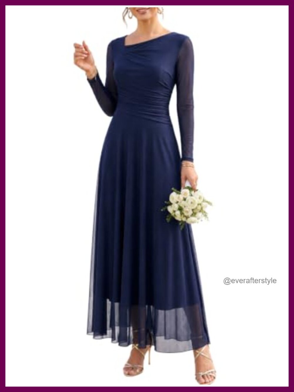 Long Sleeve Mesh Maxi Dress Ruched Waist Formal Wedding Guest